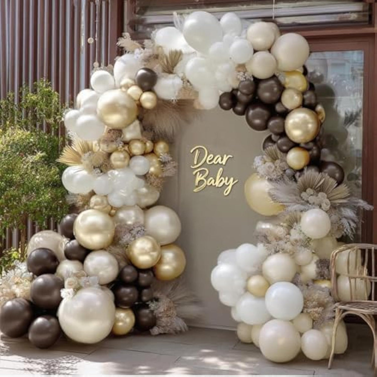 Brown White Balloon Arch Kit with Beige Gold Balloons for Baby Shower Party
