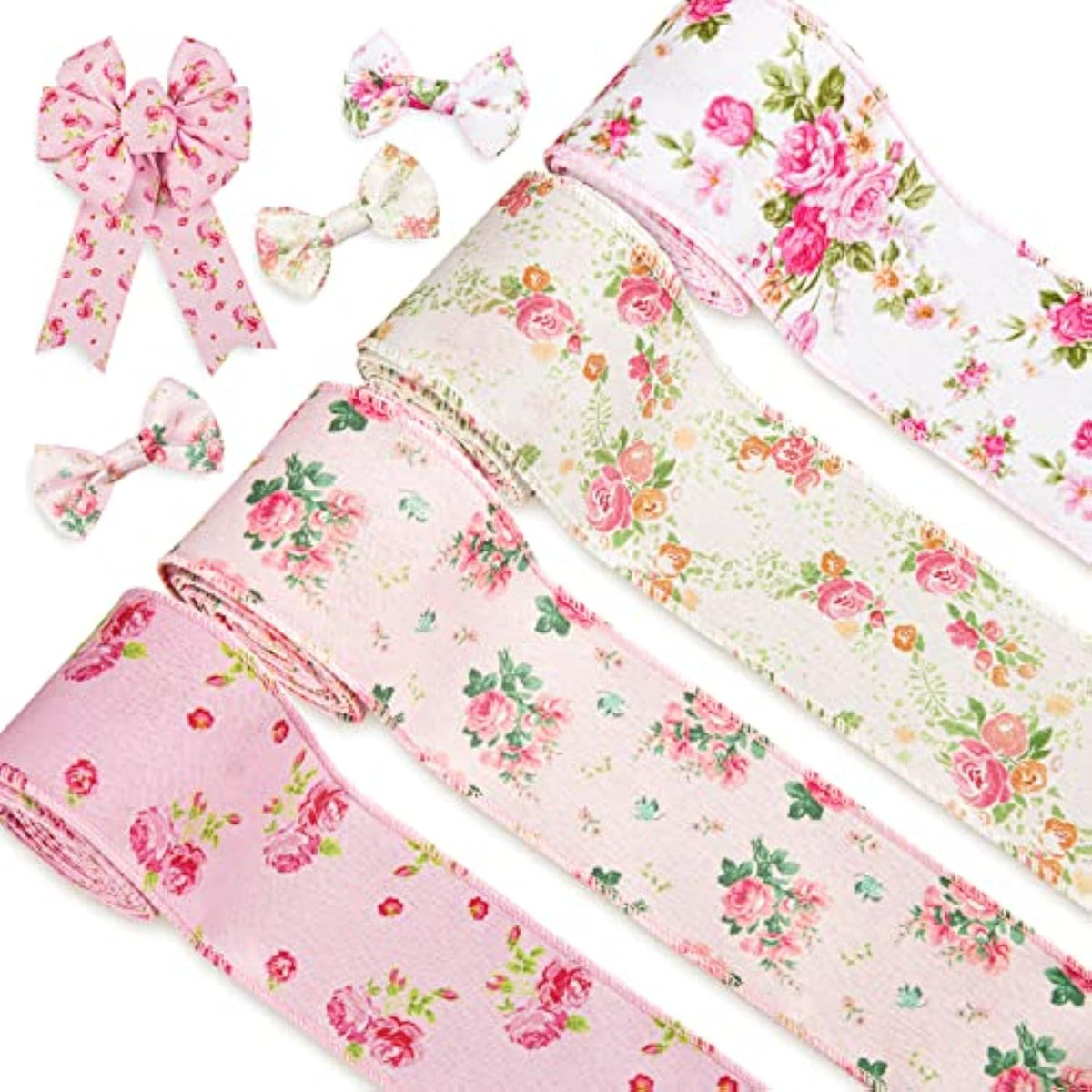 Floral Wired Edge Ribbon 4 Rolls Rose Flower Pattern Ribbon Spring Sum