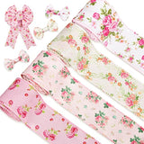 Floral Wired Edge Ribbon 4 Rolls Rose Flower Pattern Ribbon Spring Sum