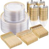 600Pc Gold Trim Plastic Dinnerware Set For Party: 100 Dinner Plates, 100 Dessert Plates, 300 Cutlery