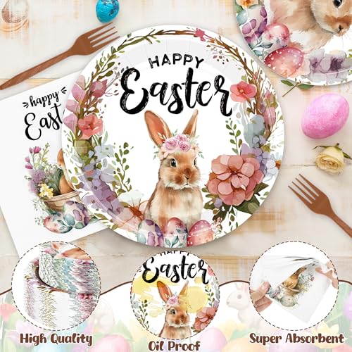 200 Pcs Easter Plates and Napkins Bulk Set, Disposable Dinner Plates, Vibrant Rabbit Floral Easter Decorations Includes Platters Napkins Forks, Spring Tableware for Egg Hunt Party Holiday Supplies