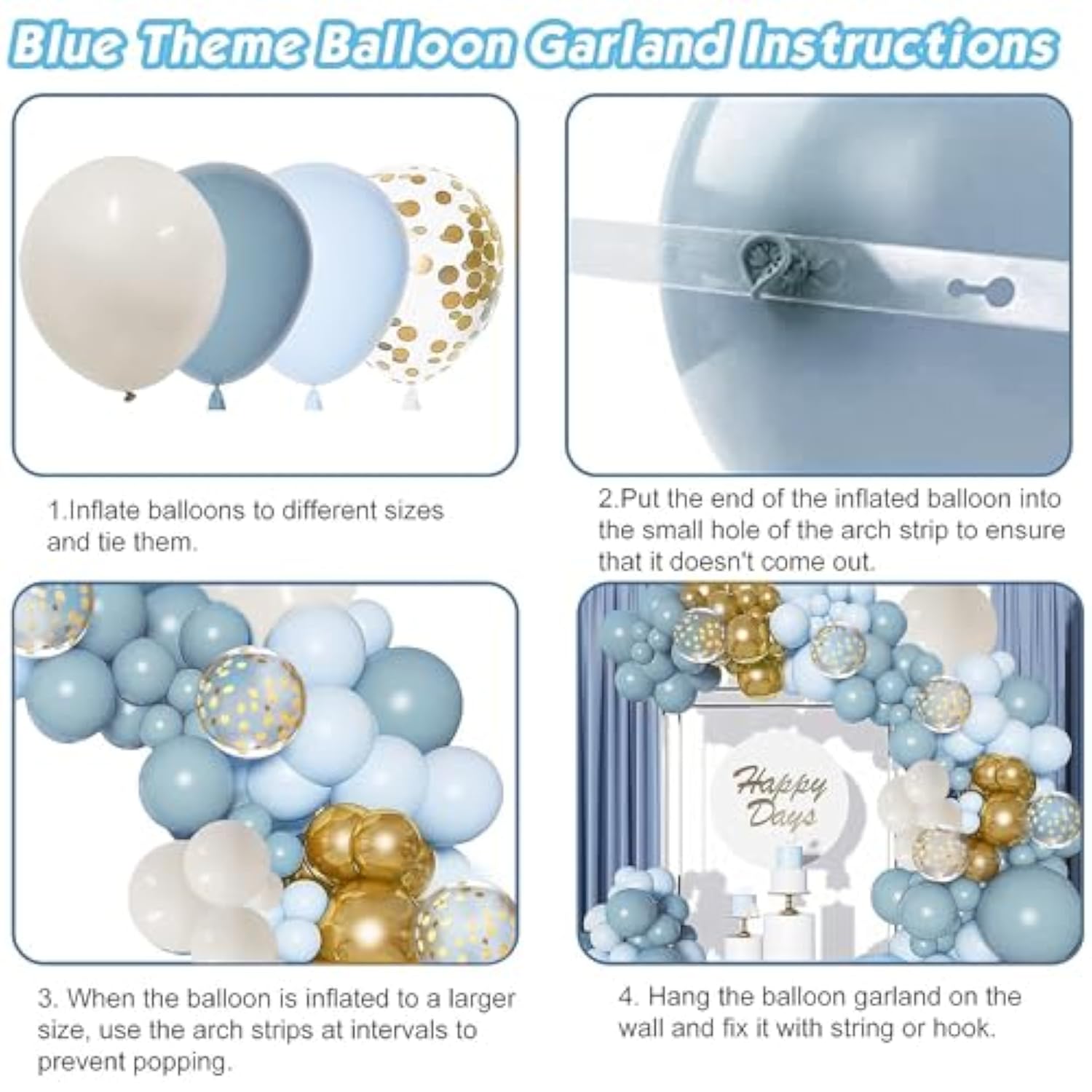 Dusty Blue Balloon Arch Kit, Dusty Baby Blue Balloons Arch Kit With Metallic Gold Sand White Gold Confetti Balloons For Wedding Bridal Shower Boy Birthday Party Baby Shower Decorations