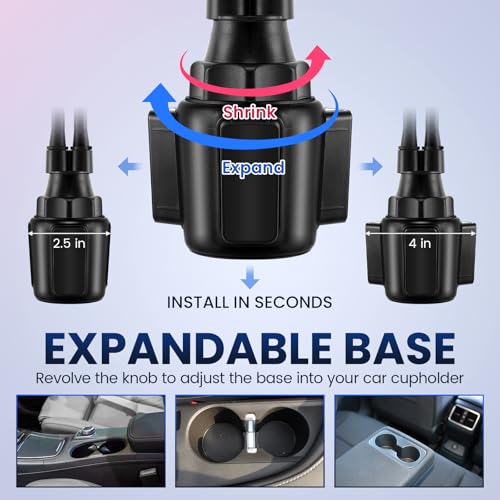 Dual Phone Holder For Car 360° Rotatable Car Mount Long Flexible Neck Adjustable Double Holder Universal Size Fits For Most 2 Phones 2.6"-4.3" Phone (Cradle)