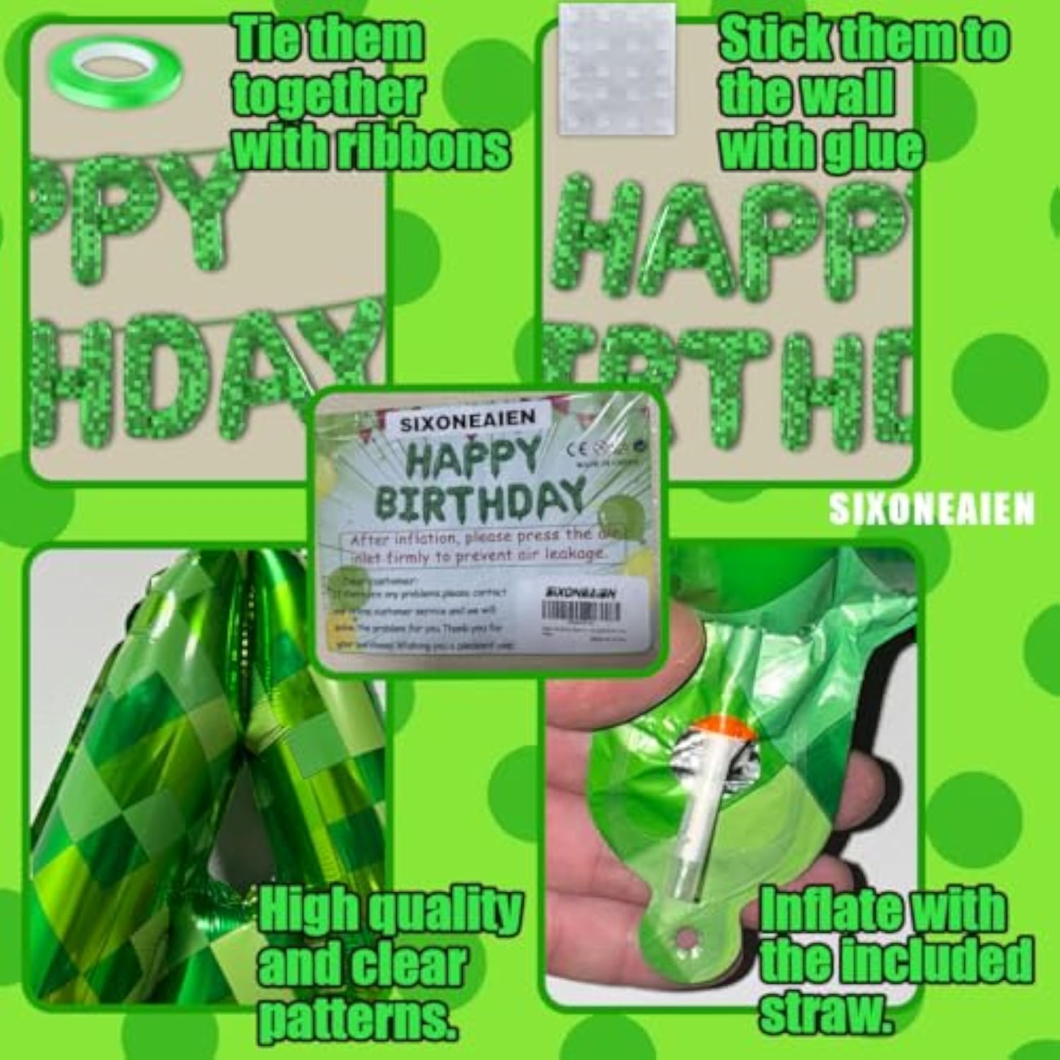 Green Pixel Miner Happy Birthday Foil Balloons for Kids' Party Decorations