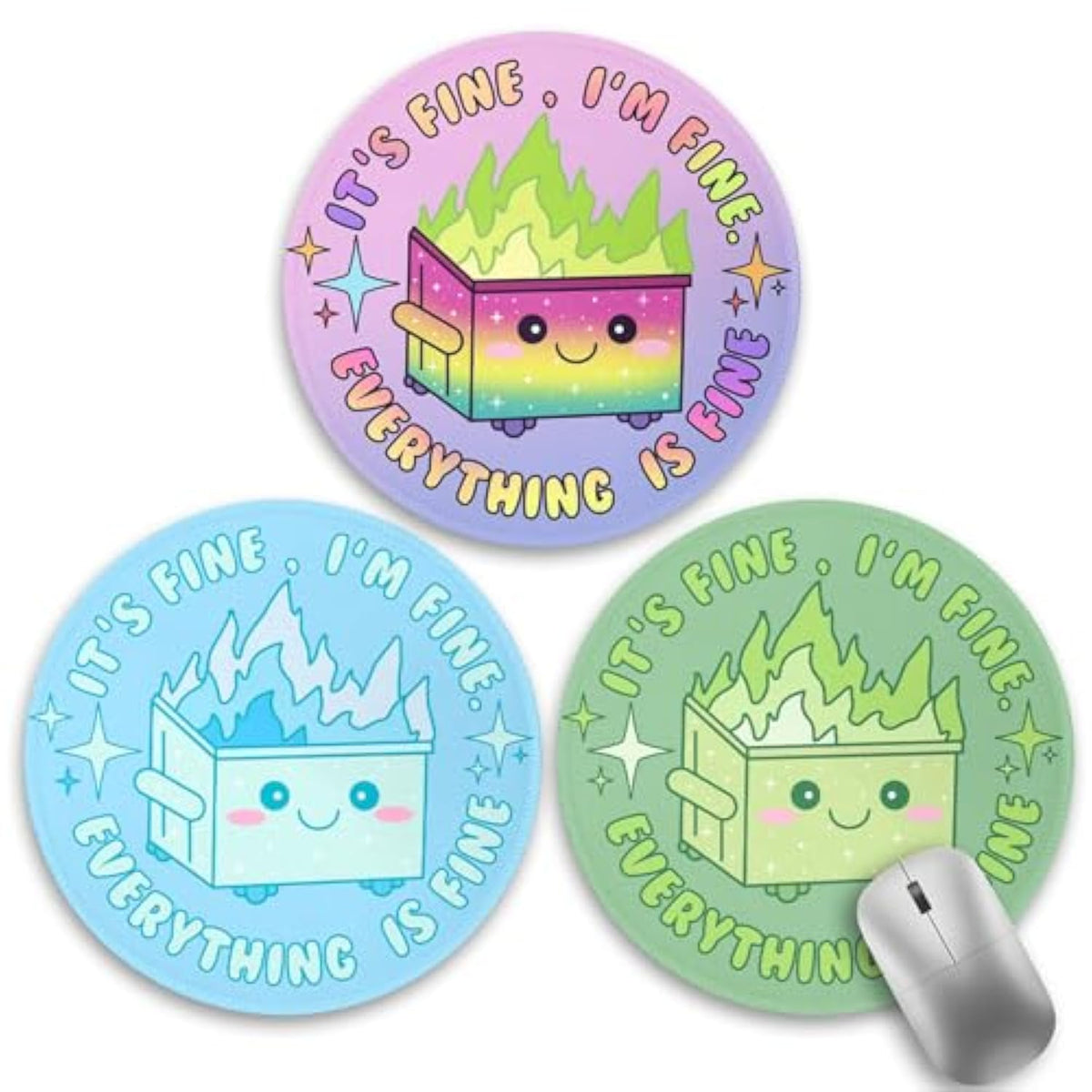 3 Pack Dumpster On Fire Mouse Pad, Cute Round Mouse Pads For Desk, Funny Dumpster Mousepad For Laptop Gaming, Stitched Edge Non-Slip Rubber Base, Cute Office Desk Accessories Decor For Women