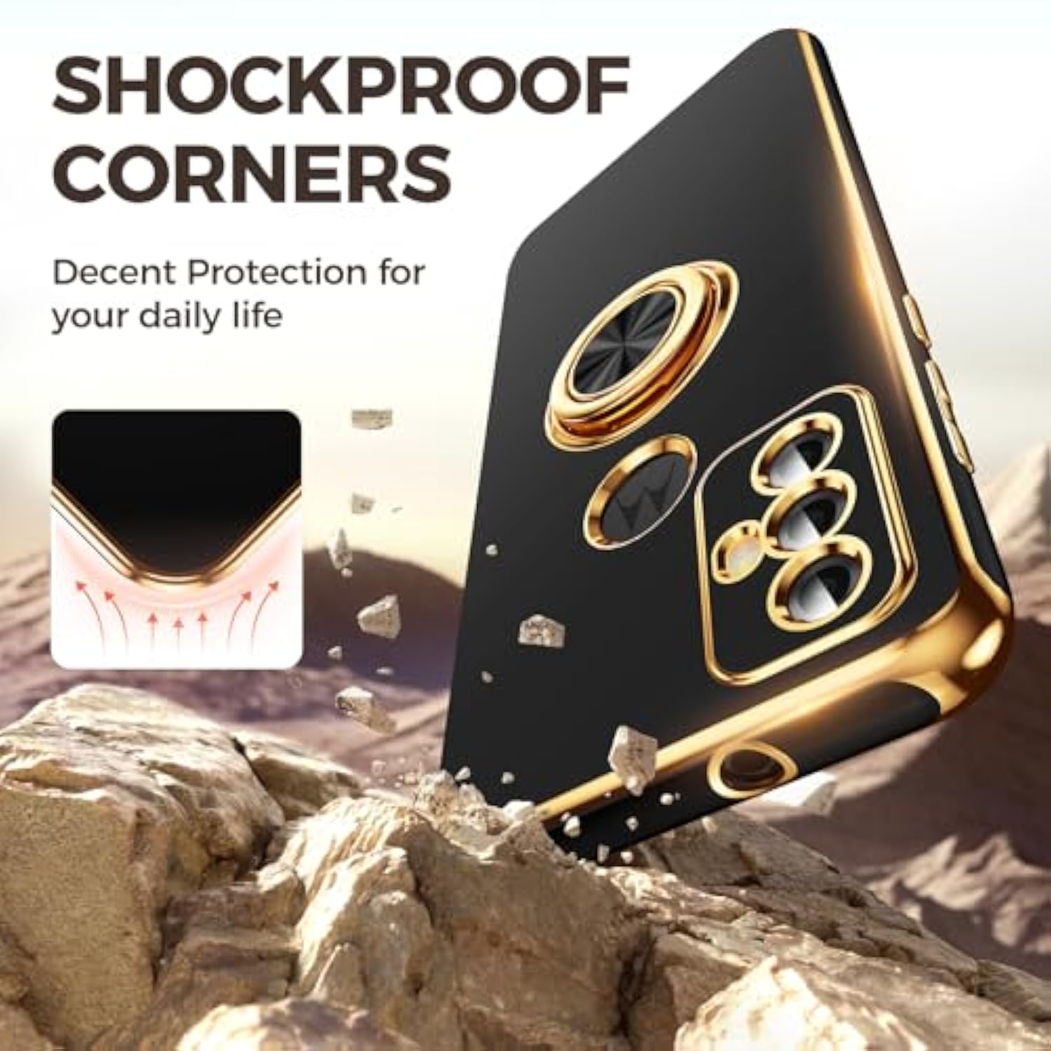 For Moto G Play 2023 Case With 2 Pack Screen Protector, 360° Rotatable Ring Holder [Luxury Hearts Pattern] Plating Gold Edge Slim Soft Phone Cover Case For Moto G Play 2023 - Black