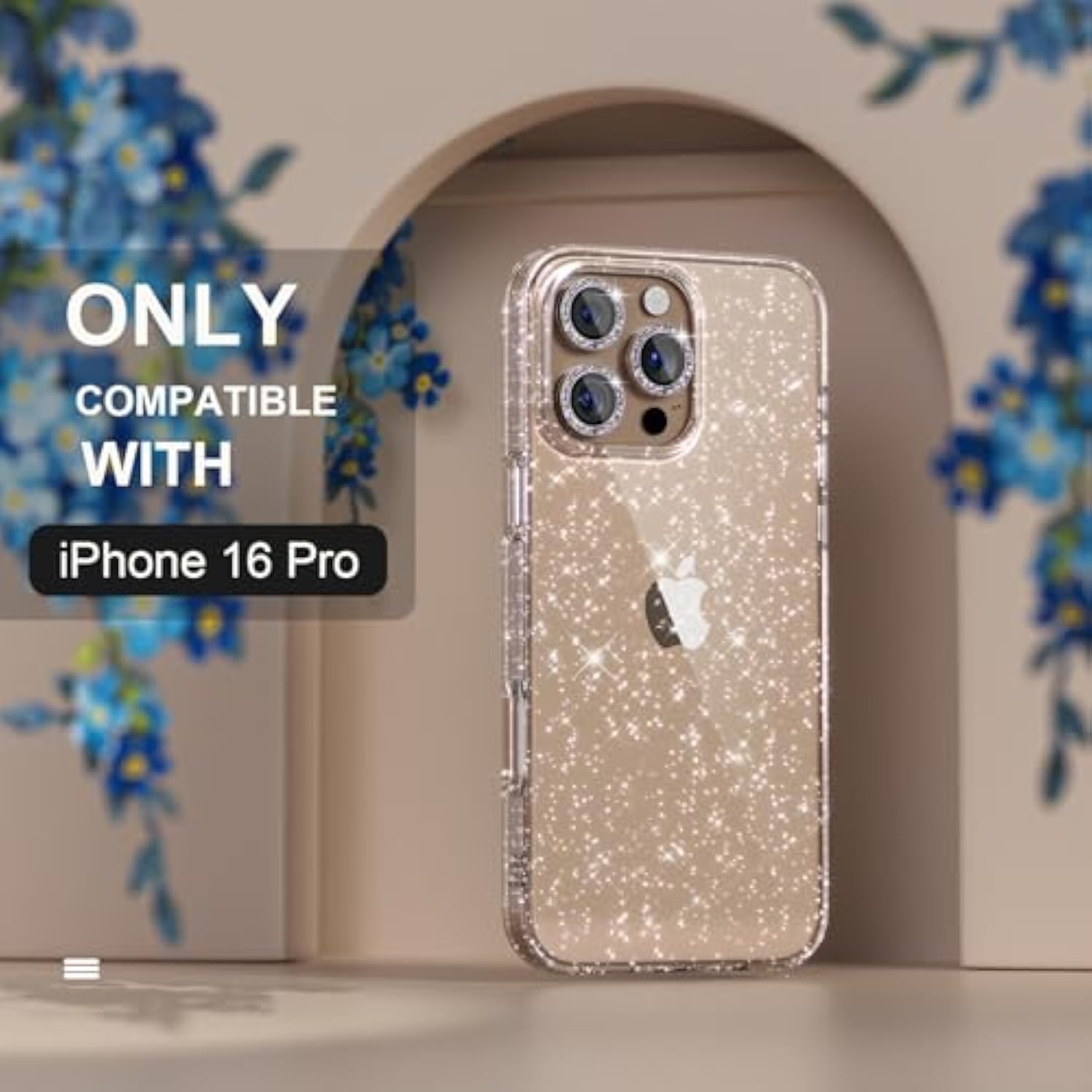 iPhone 16 Pro Case, Cute Clear Glitter, 3 Diamond Lens Protectors, 2 Screen Protectors