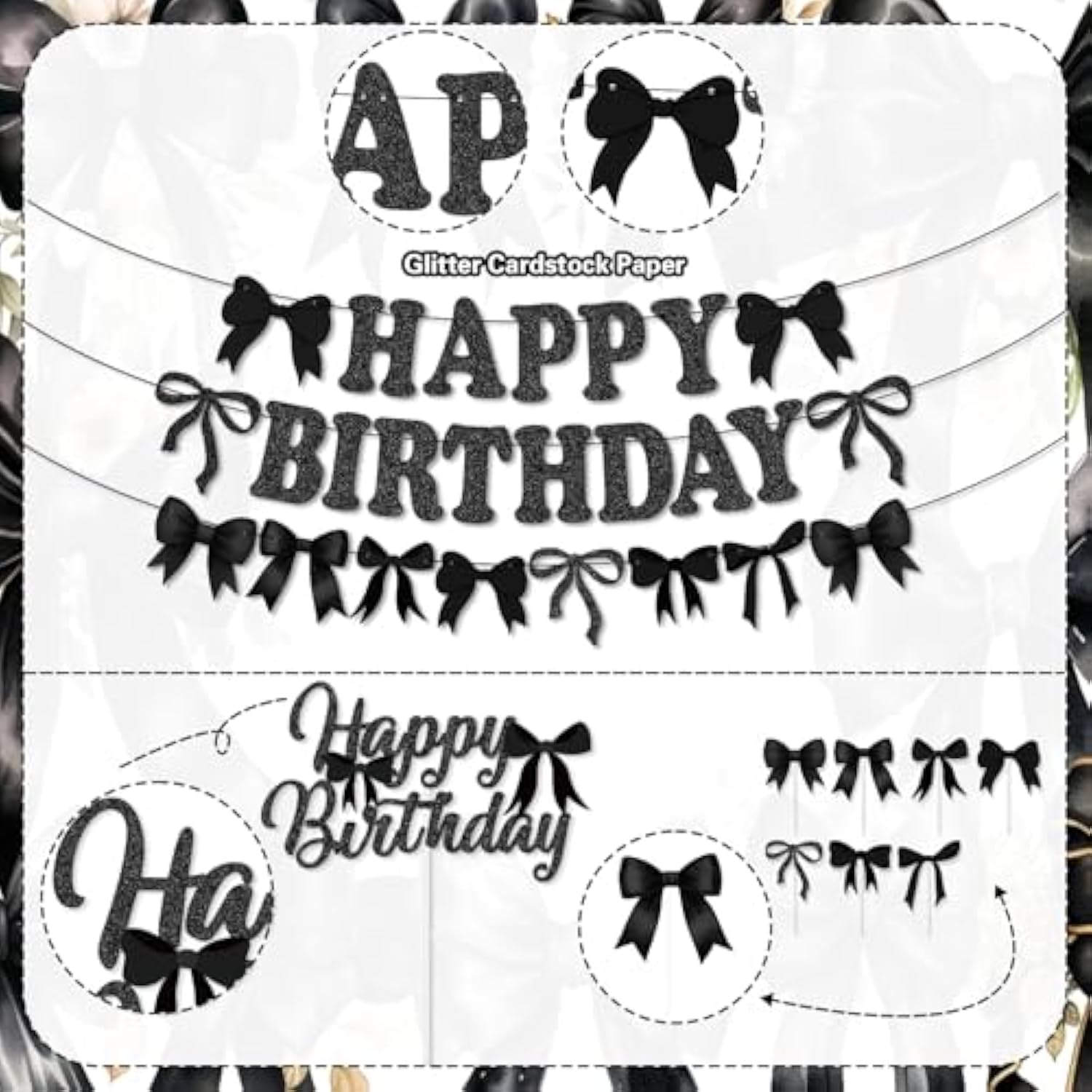 Black Bow Birthday Party Decorations, Girl Bow Birthday Decortions, Black White Balloons, Bows Banner Garland, Bows Cake & Cupcake Toppers And Satin Ribbon For Bow Party Decor