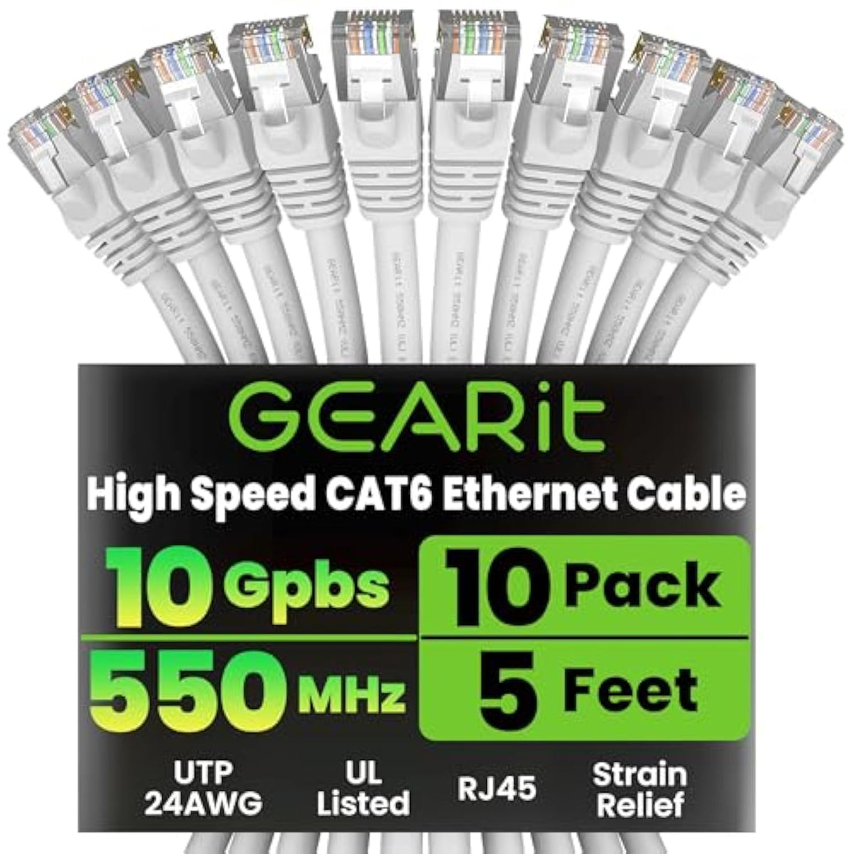 GearIT Cat 6 Ethernet Cable 5 ft (10-Pack) - Cat6 Patch Cable, Cat 6 Patch Cab