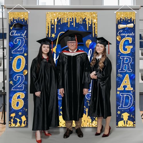 Blue and Gold Graduation Decorations Class of 2026 Congrats Grad Banner and You Did It Graduation Door Cover for High School College Grad Party Supplies(Blue)