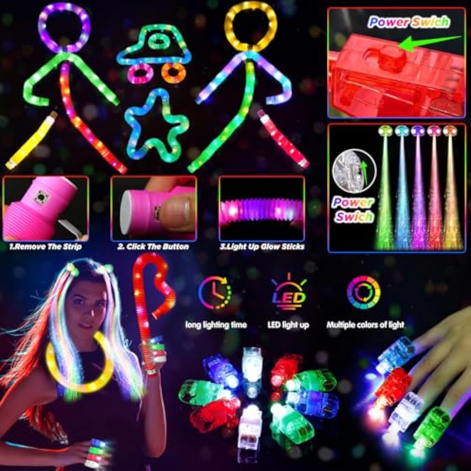 Glow In The Dark Party Favors For Adults Kids, 27 Carnival Accessories, 56 Led Light Up Toys Bulk, 100 Glow Sticks Party Pack, Neon Party Supplies & Decorations