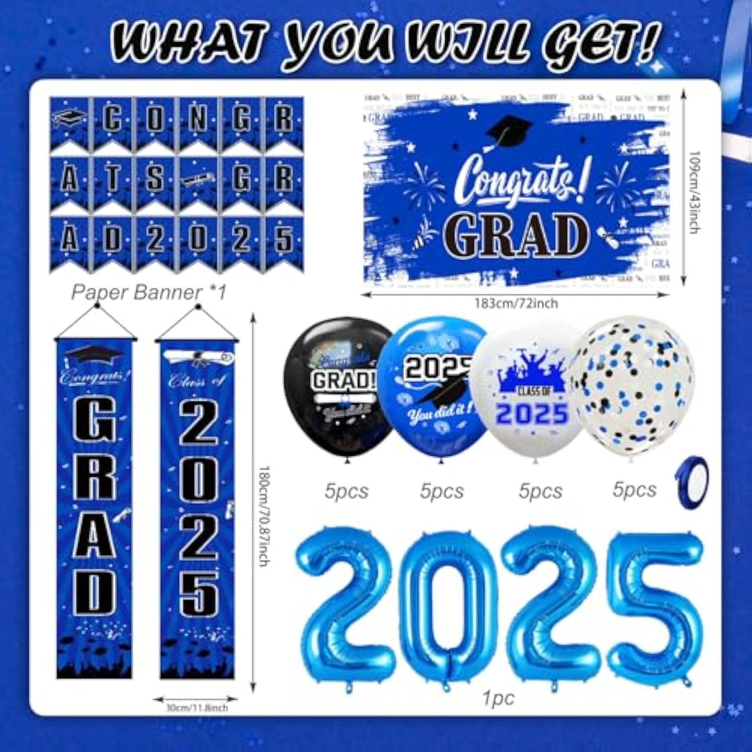 Blue Graduation Decorations 2025, Grad Party Decorations, Class Of 2025 Backdrop, Banner, Balloons And Porch Sign For High School & College Celebrations