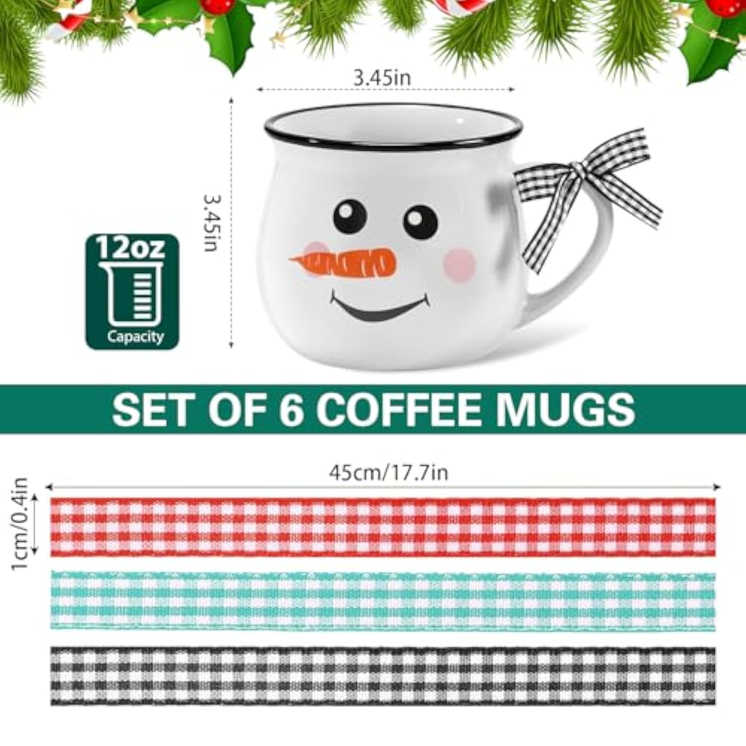 Christmas Coffee Mugs Set Of 6, 12 Oz Ceramic Mug Gift Holiday Hot Cocoa For Family Mom Woman Friend Farmhouse(Snowman Style)