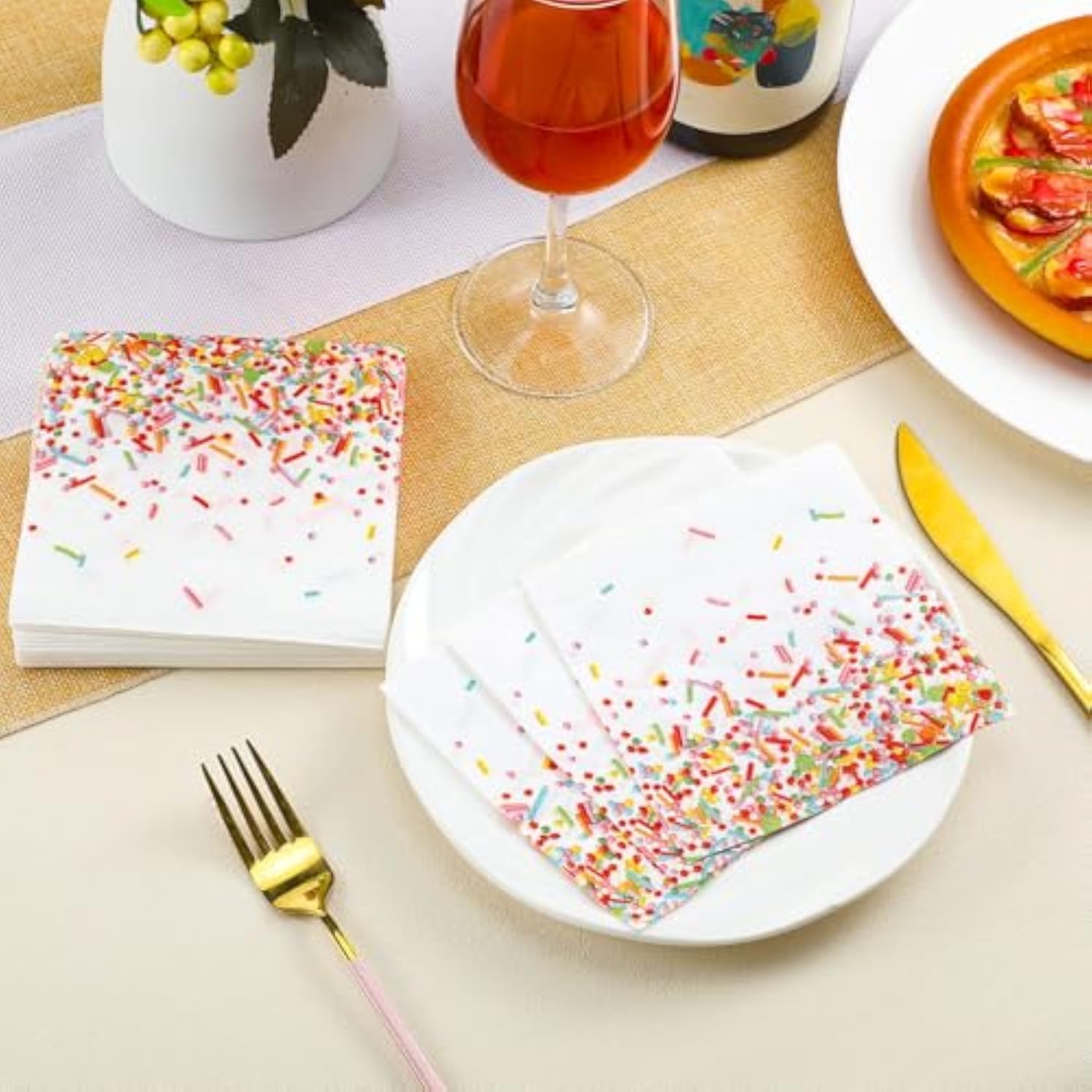 100 Pcs Sprinkles Napkins 2 Ply Disposable Paper Napkins For Baby Shower Birthday Party Theme Table Decor Supplies(White,Confetti)