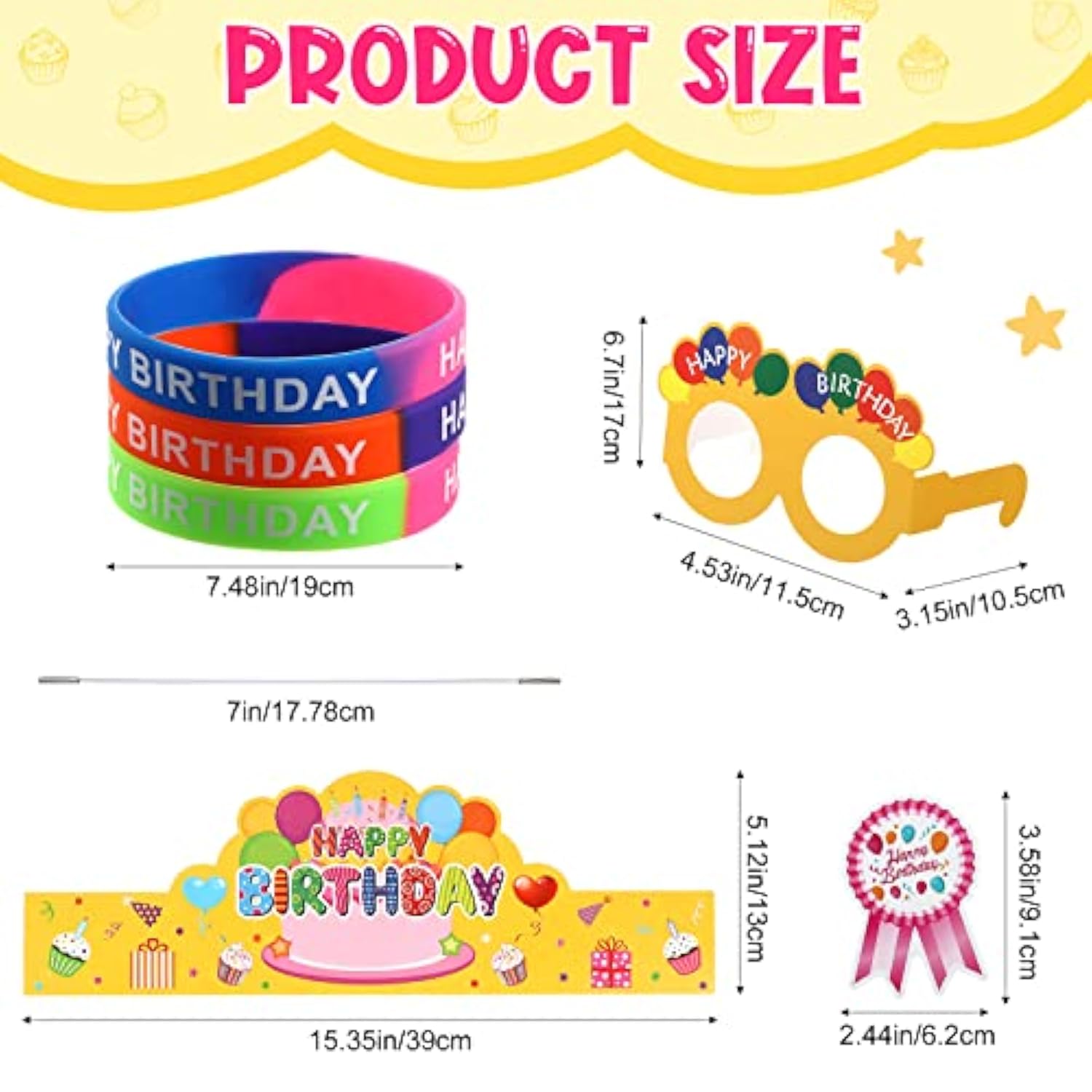 144 Pcs Birthday Classroom Party Supplies 36 Birthday Crowns For Kids 36 Funny Sunglasses Paper Sunglasses 36 Badge Stickers 36 Silicone Stretch Wristbands(Cute Color)