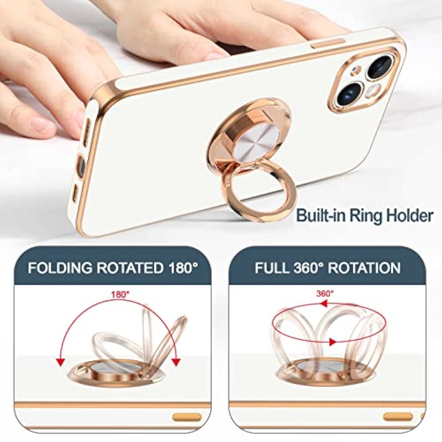For Iphone 14 Plus Case With Ring Stand [360° Rotatable Ring Holder Magnetic Kickstand] [Support Car Mount] Plated Gold Edge Soft Tpu Luxury Shockproof Protective Phone Case Cover, White
