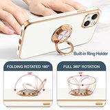 For Iphone 14 Plus Case With Ring Stand [360° Rotatable Ring Holder Magnetic Kickstand] [Support Car Mount] Plated Gold Edge Soft Tpu Luxury Shockproof Protective Phone Case Cover, White
