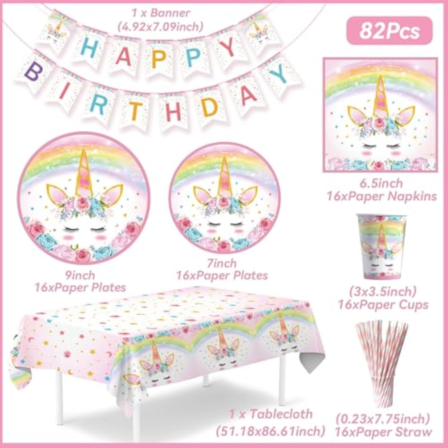 Unicorn Birthday Decorations For Girls - 82 Pcs Rainbow Unicorn Party Supplies Include Disposable Tableware, Tablecloths And Banners, Pink Floral Birthday Party Decor Serves 16