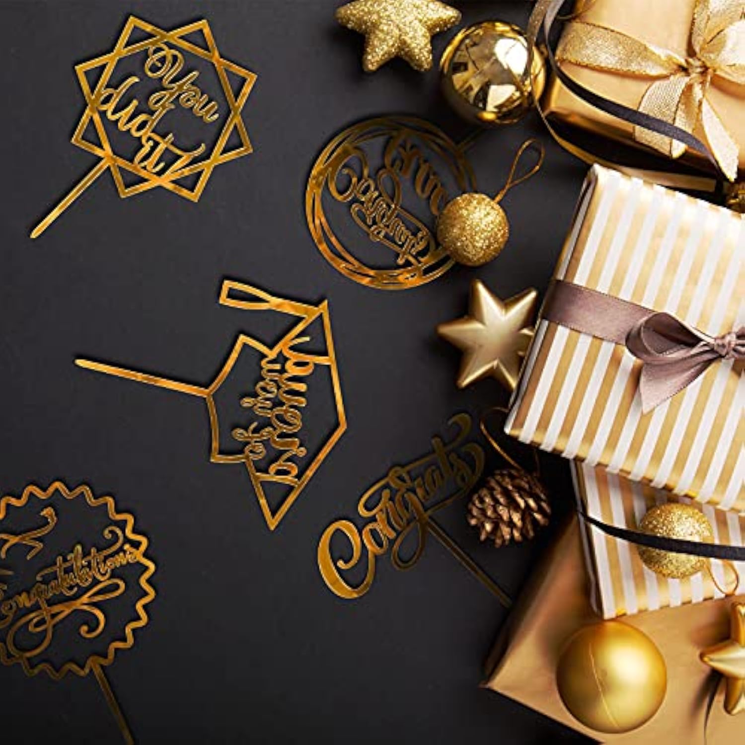 Graduation Cake Topper Gold Acrylic Cake Topper Congrats Grad You Did It Congratulations 5 Design Table Centerpiece Sticks Grad Party Food Appetizer Picks For Cakes Decor Supplies, 10Pcs