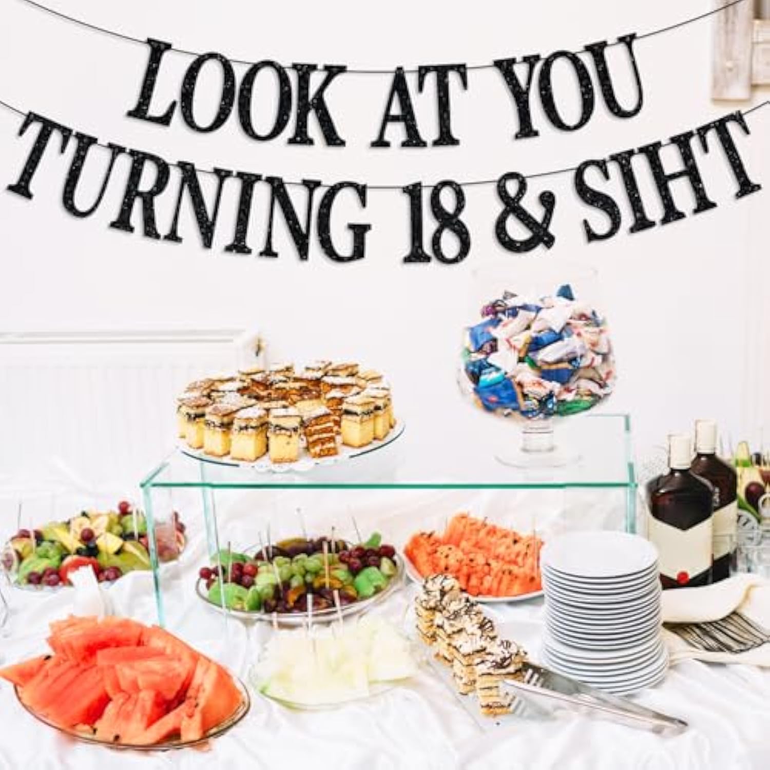 Happy 18th Birthday Banner, “Officially 18” Black Glitter Hanging Party Backdrop