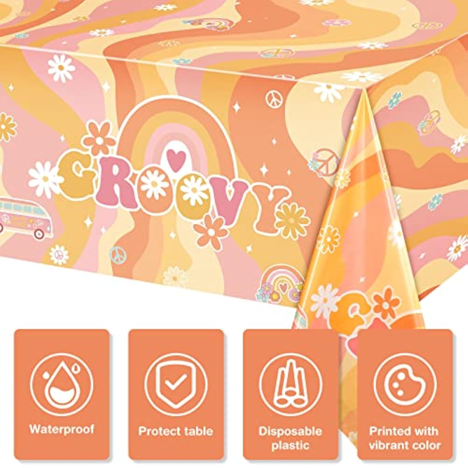 3 Pieces Rainbow Plastic Groovy Tablecloths Retro Hippie Table Covers For Rectangle Table, Disposable Daisy Flower Rainbow Party Decorations For 60S 70S Boho Themed Birthday Carnival Party