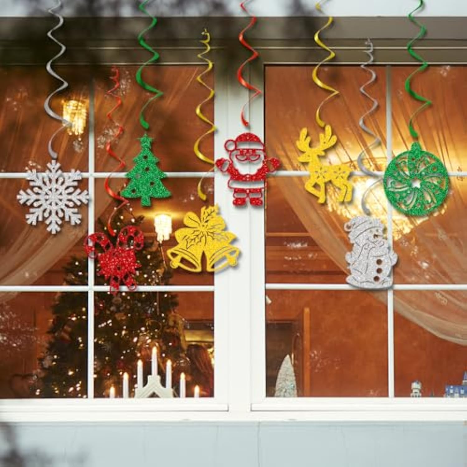 Christmas Hanging Swirls Glitter Snowflakes Bells Santa Winter Party Decor