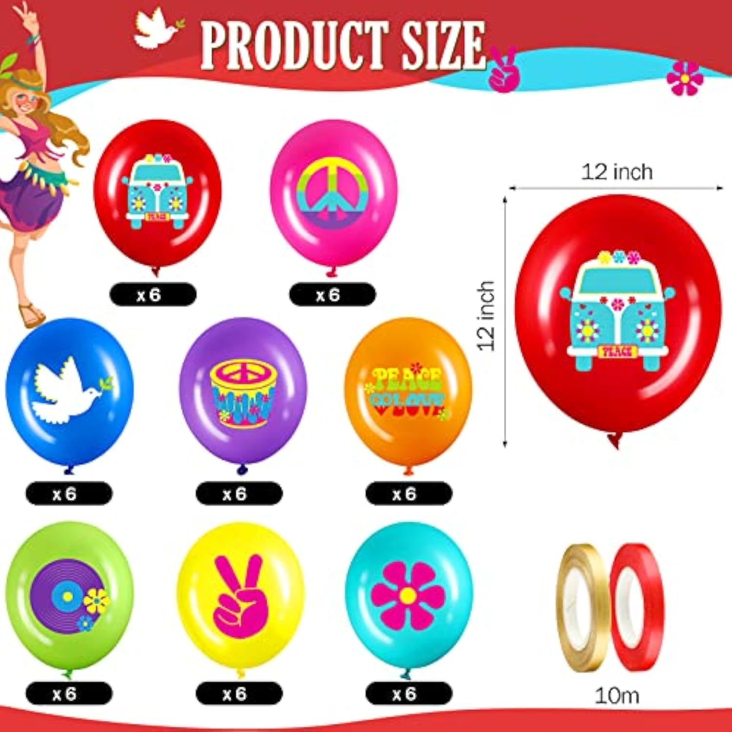 40 Pack 60'S Hippie Balloons Party Decorations, 12 Inch Retro Flower Groovy Party Power Peace Sign Latex Tie Dye Balloons For 60S 70S Groovy Woodstock Supplies