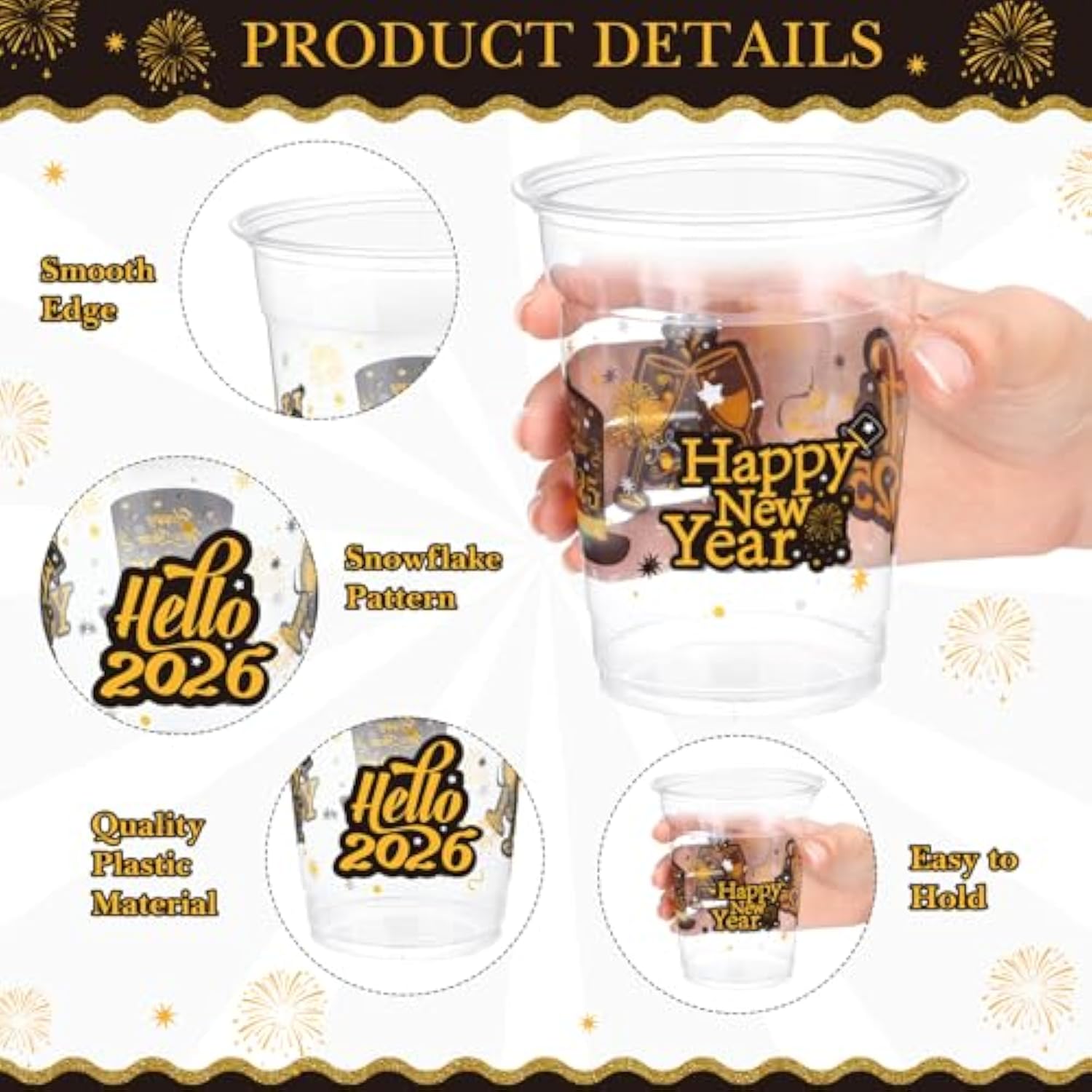 50 Pcs 12 Oz 2026 New Year Plastic Cups for Party Drinks and Snacks