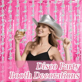 4 Pcs Cowgirl Party Decorations - 2 Boot Silver Metallic Tinsel Fringe Curtains & 2 Candy Pink Backdrops For Birthday Supplies Last Rodeo Bachelorette Wedding Disco Decor