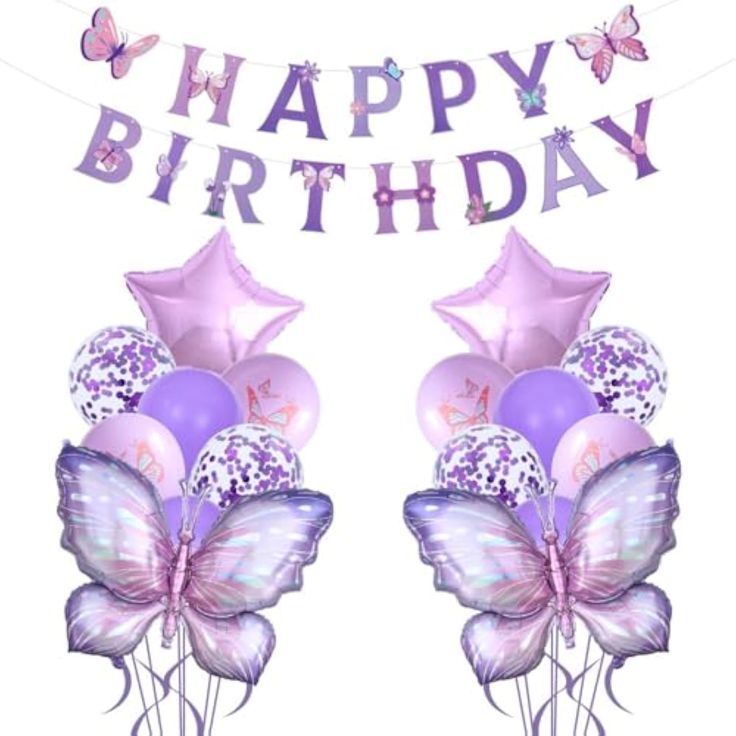 18Pcs Purple Butterfly Balloons And Happy Birthday Banners For Purple Butterfly Birthday Decorations