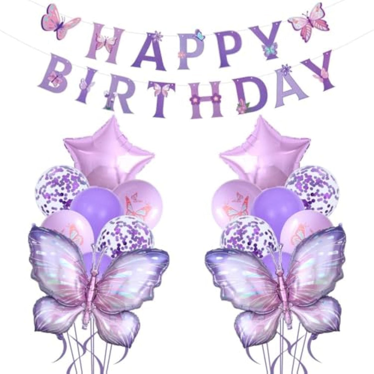 18Pcs Purple Butterfly Balloons And Happy Birthday Banners For Purple Butterfly Birthday Decorations