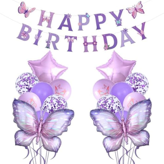 18Pcs Purple Butterfly Balloons And Happy Birthday Banners For Purple Butterfly Birthday Decorations