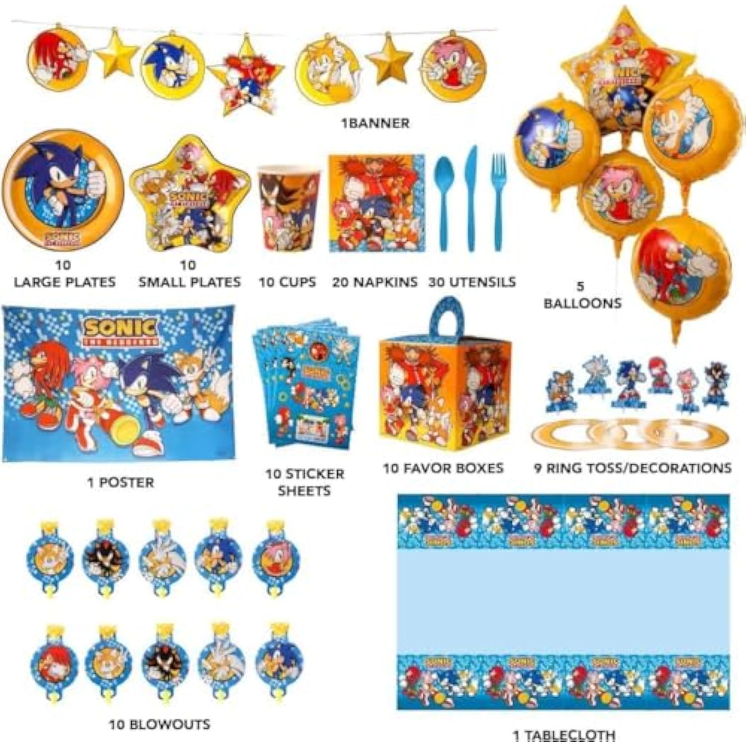 Sonic The Hedgehog Birthday Party Kit - Complete Supplies For 10, Video Game Themed Decorations, Licensed Banner, Plates, Cups, Balloons, Games, And Favors For Kids' Celebration
