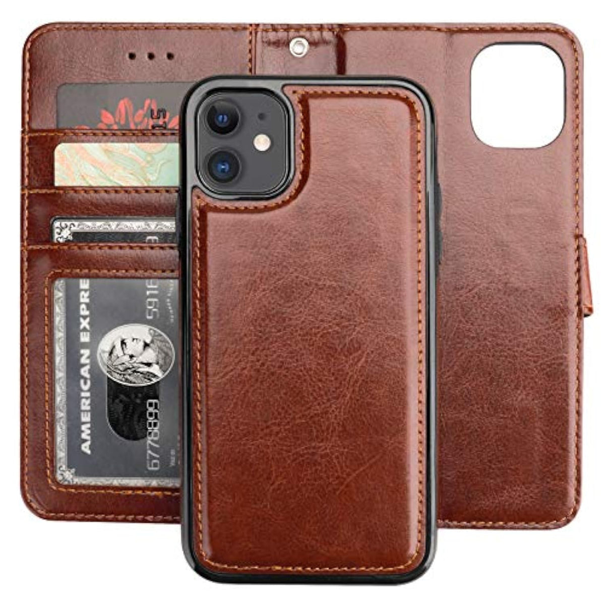 For 11 Wallet Case With Card Holder Pu Leather Magnetic Detachable Kickstand Shockproof Wrist Strap Removable Flip Cover For 11 6.1 Inch (Brown)