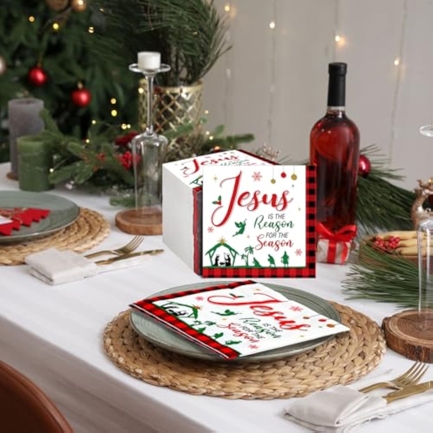 100 Pcs Christmas Nativity Paper Napkins Disposable Jesus Is The Reason For The Season Paper Guest Napkins Xmas Nativity Religious Hand Towels For Christmas Party Nativity Scene(Red,Square)