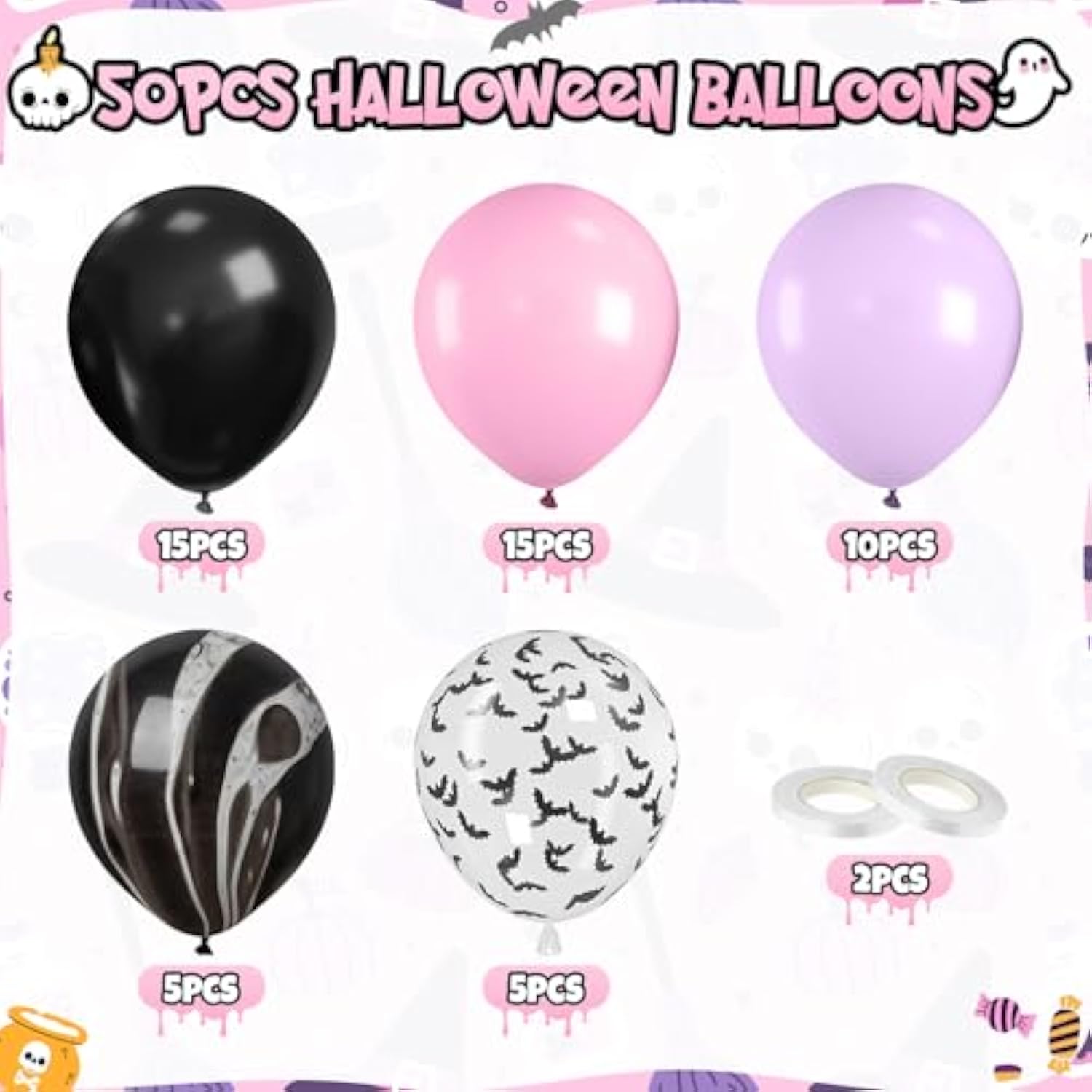 50Pc 12" Pink Halloween Balloons – Bat Confetti & Birthday Party Decorations