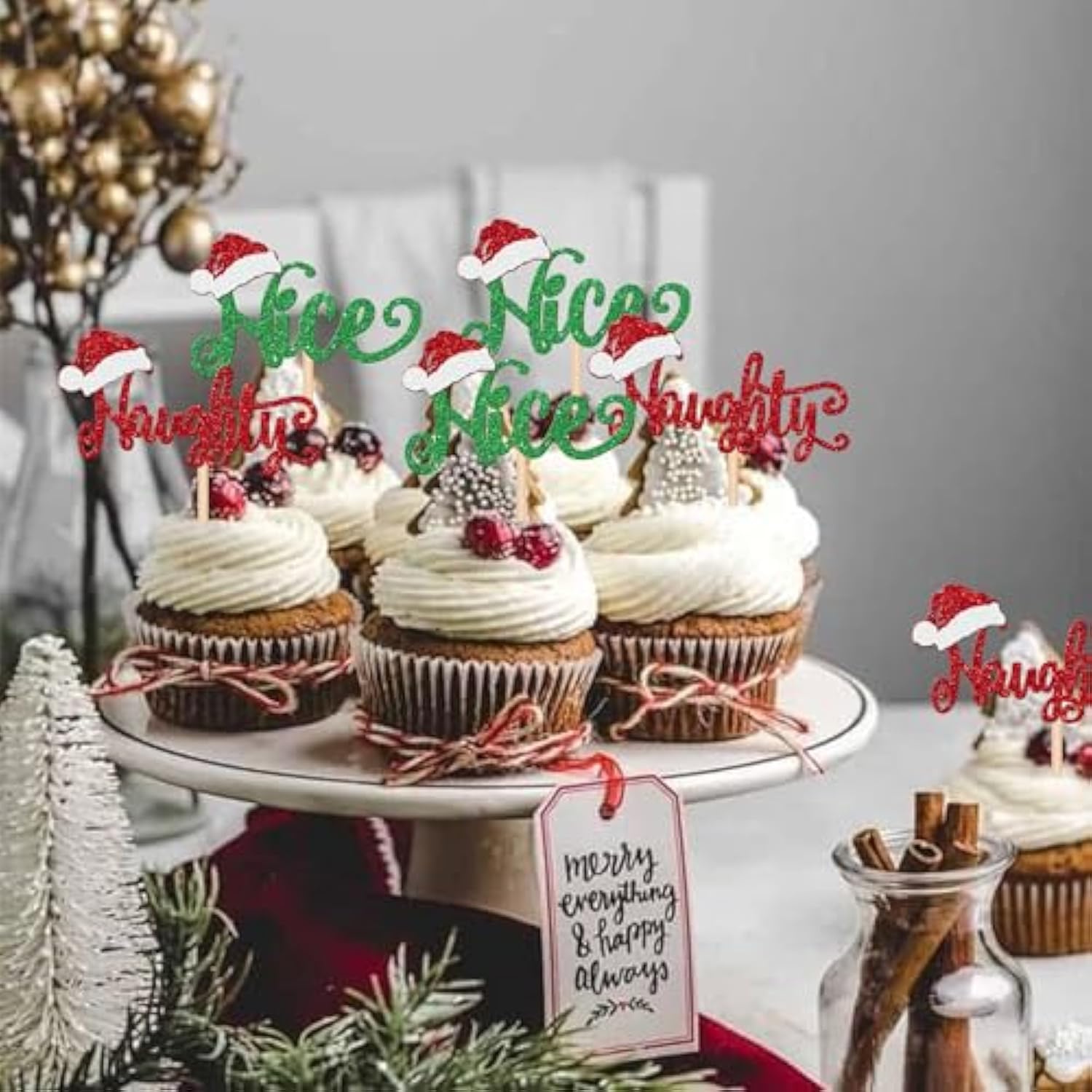 24 Pcs Naughty Or Nice Cupcake Toppers Glitter Santa Hat Merry Christmas Cupcake Picks Naughty Or Nice Cake Decorations For Merry Christmas Santa Happy New Year Holiday Birthday Party Supplies
