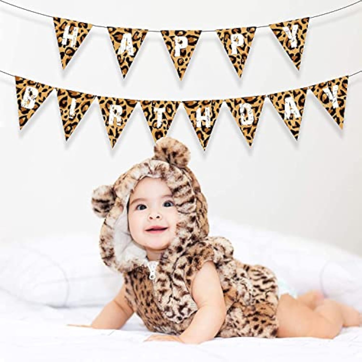 Leopard Print Happy Birthday Banner, Safari Party Sign, Jungle Animals Theme Decorations, Cheetah Boy Girl Baby Shower Supplies, Bday Kids 1St First Decor