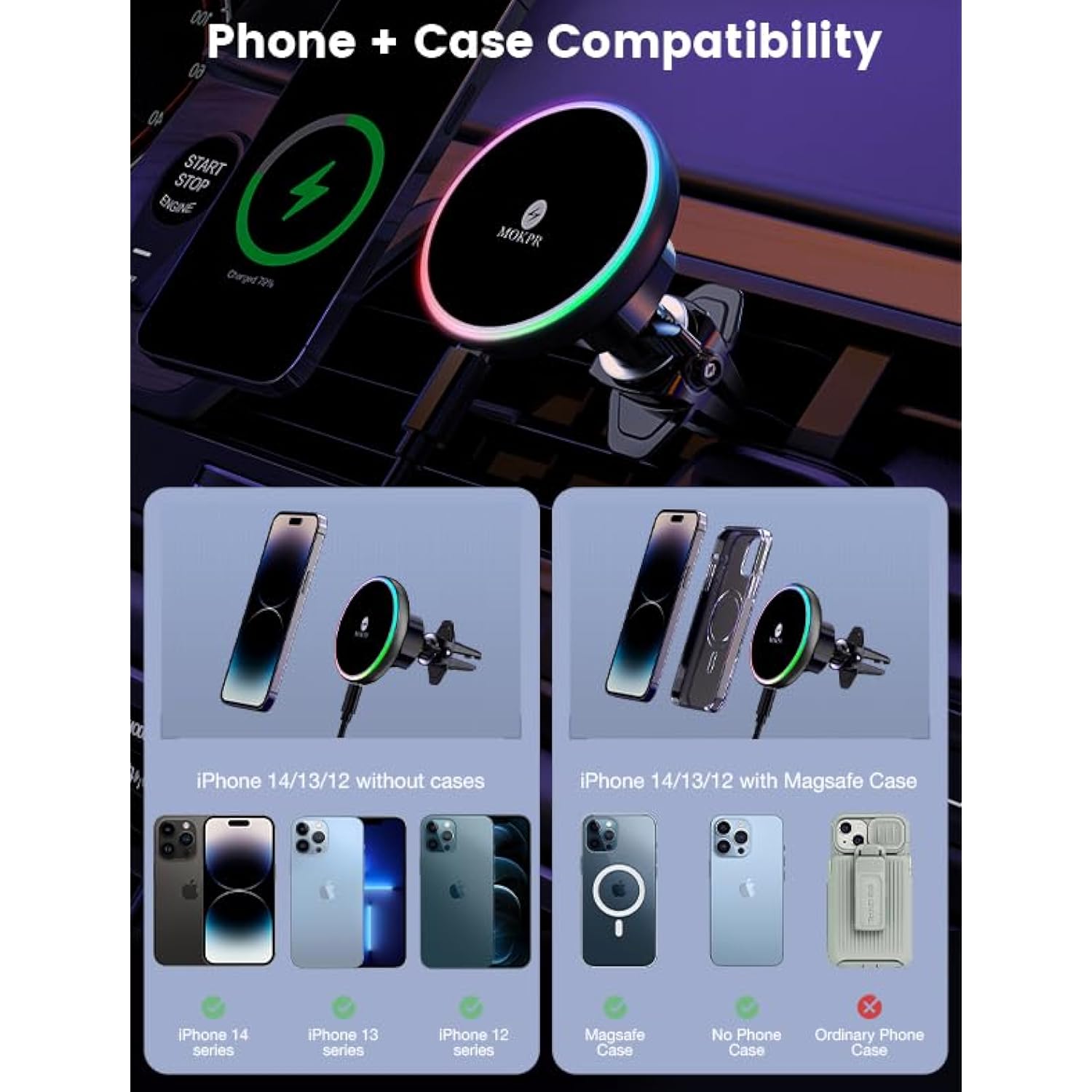 For Magsafe Car Mount Charger-15W Wireless Car Charger-Magnetic Car Phone Holder For Dash Air Vent-Led Rgb Handsfree Car Mount Fast Car Charger For Iphone 14/13/12 Series