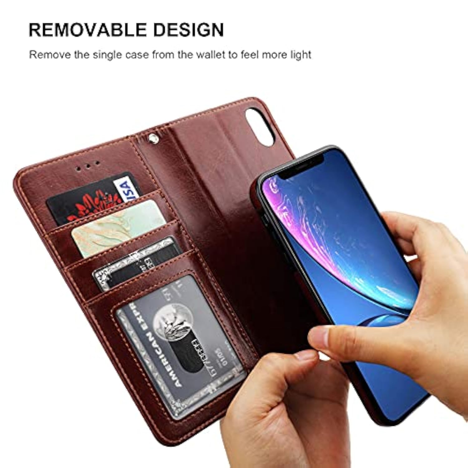For Xr Wallet Case With Card Holder Pu Leather Magnetic Detachable Kickstand Shockproof Wrist Strap Removable Flip Cover For Xr 6.1 Inch (Brown)