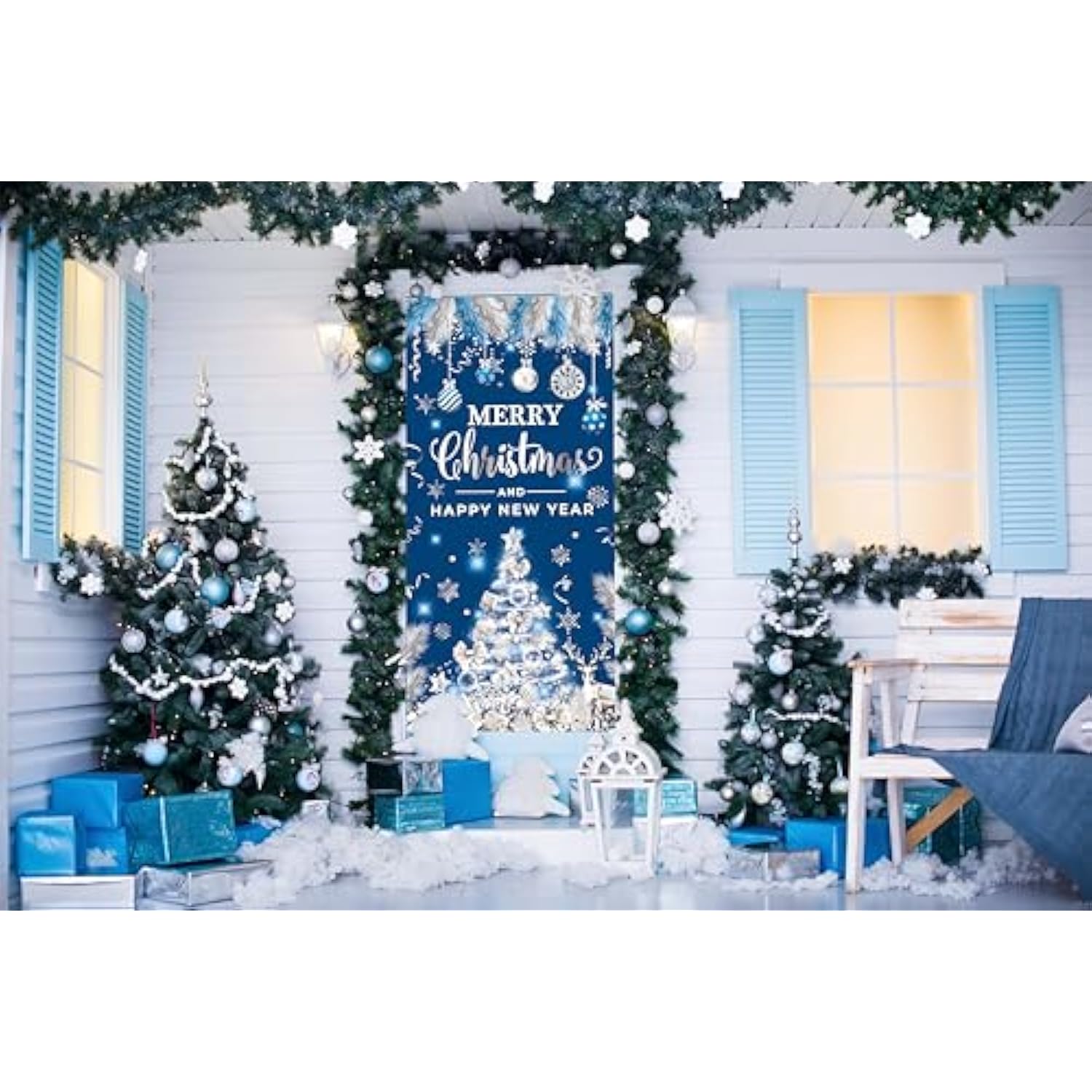 Christmas Door Cover For Front Door - Merry Xmas Banner Blue Silver Christmas Tree Themed Door Banner Decorations, Merry Christmas And Happy New Year Backdrop For Holiday Party Supplies