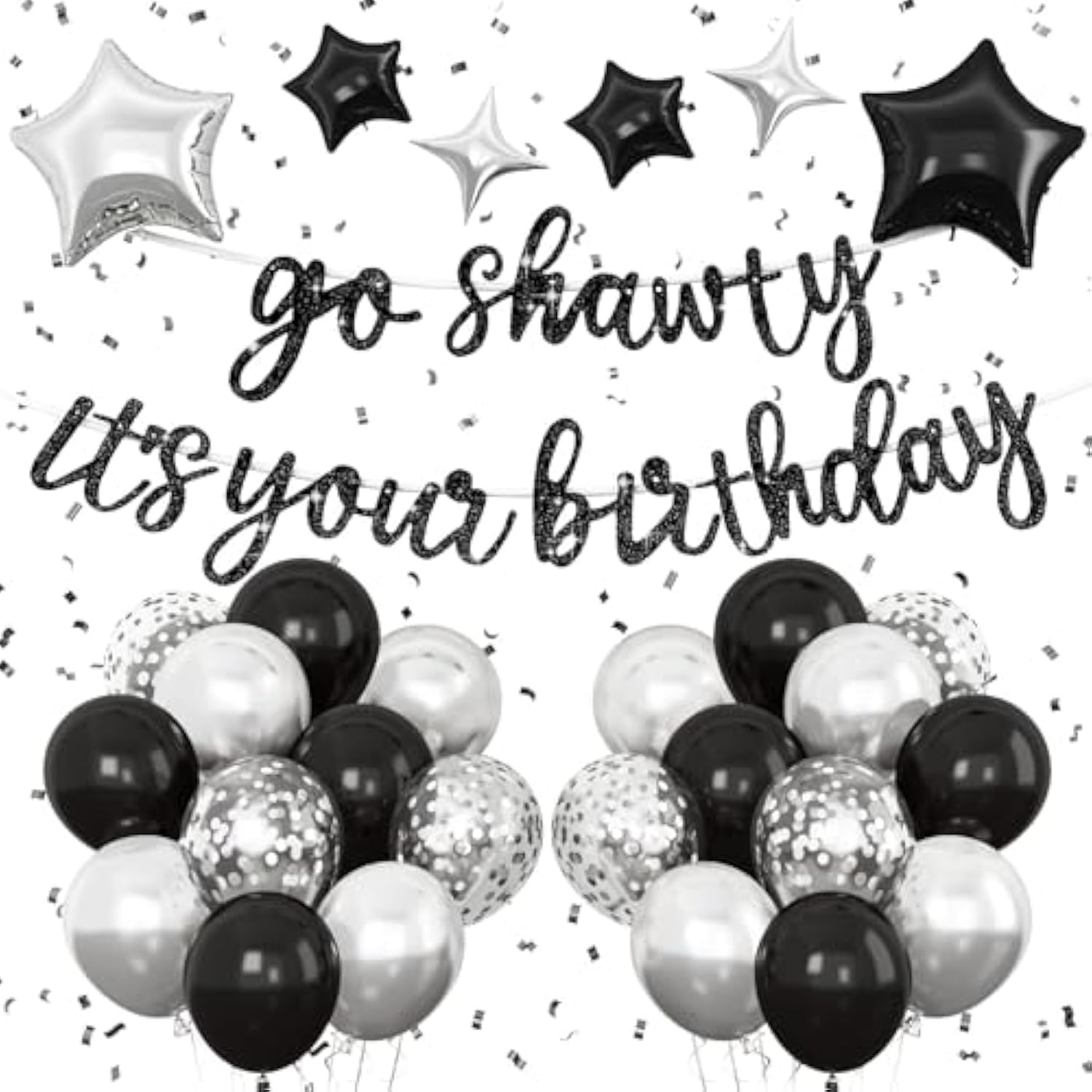 Black Go Sha It'S Your Birthday Banner Balloons Set, Glitter Happy Birthday Banner With Black Silver Confetti Balloon Star Foil Balloon For Man Women Hip Hop Rap Theme Birthday Party Decorations