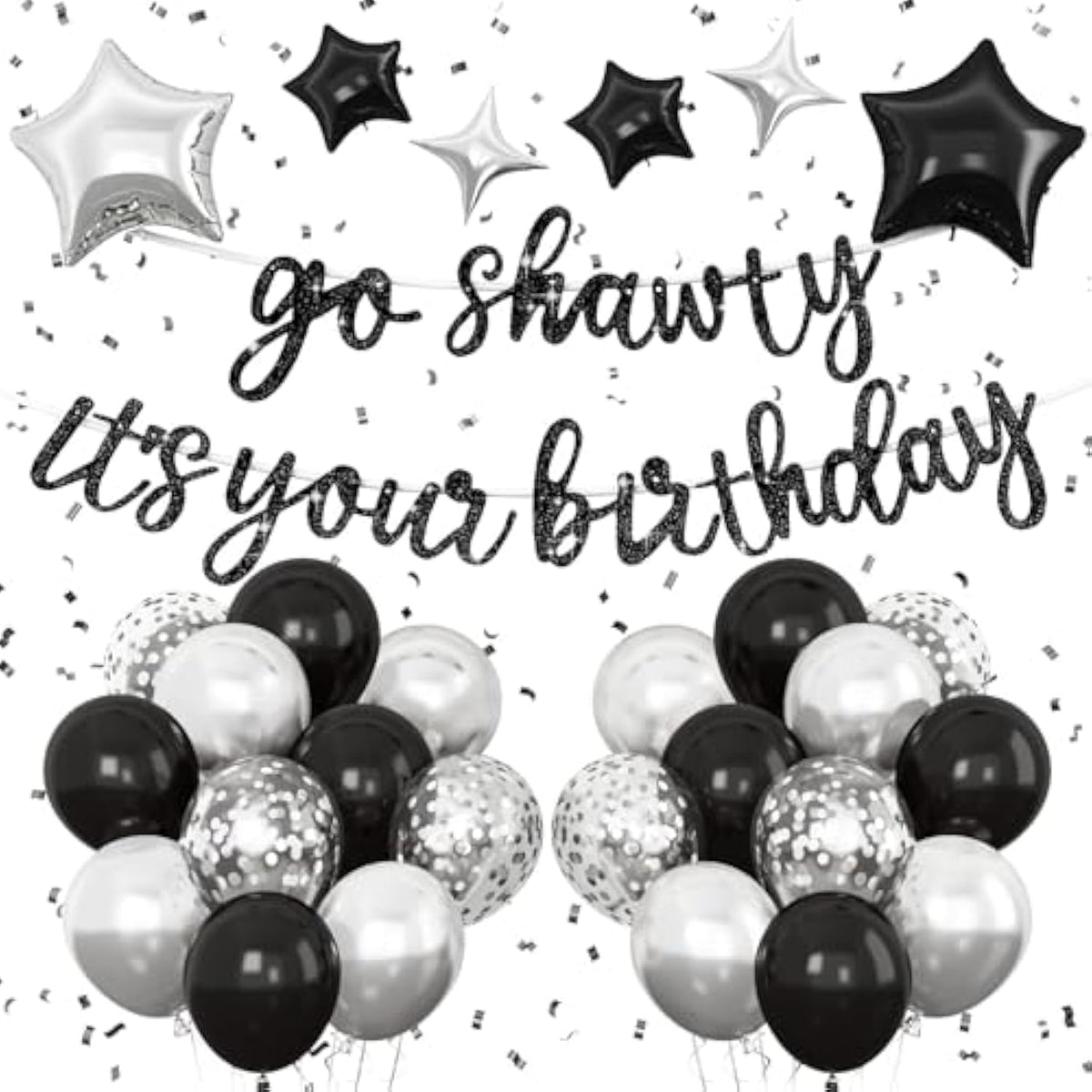Black Go Sha It'S Your Birthday Banner Balloons Set, Glitter Happy Birthday Banner With Black Silver Confetti Balloon Star Foil Balloon For Man Women Hip Hop Rap Theme Birthday Party Decorations