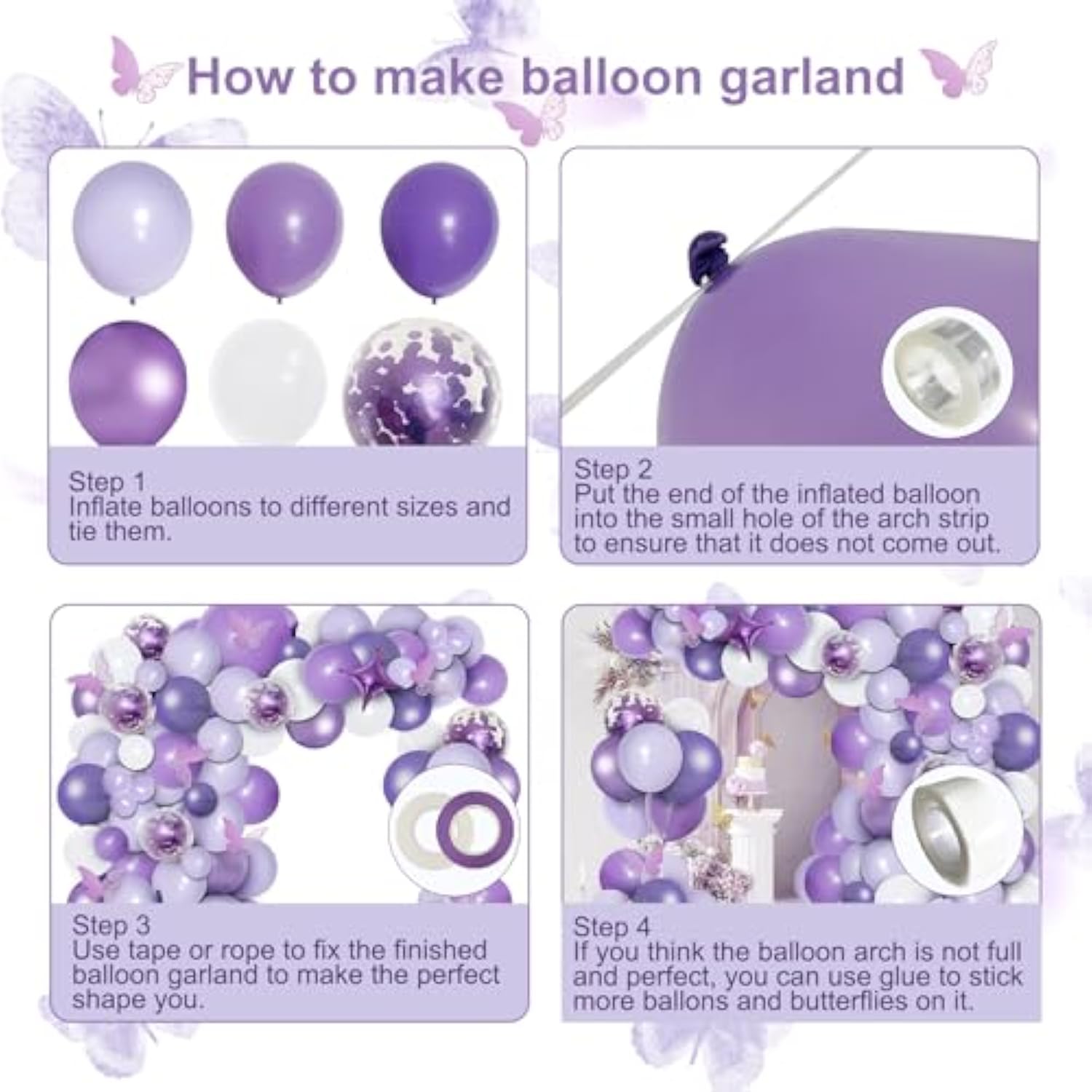150Pcs Purple Balloon Garland Kit With Butterfly Stickers, Lavender White Macaron Metallic Purple Confetti Balloons Arch For Birthday Wedding Anniversary Sweet 16 Enchanted Forest Party Decor