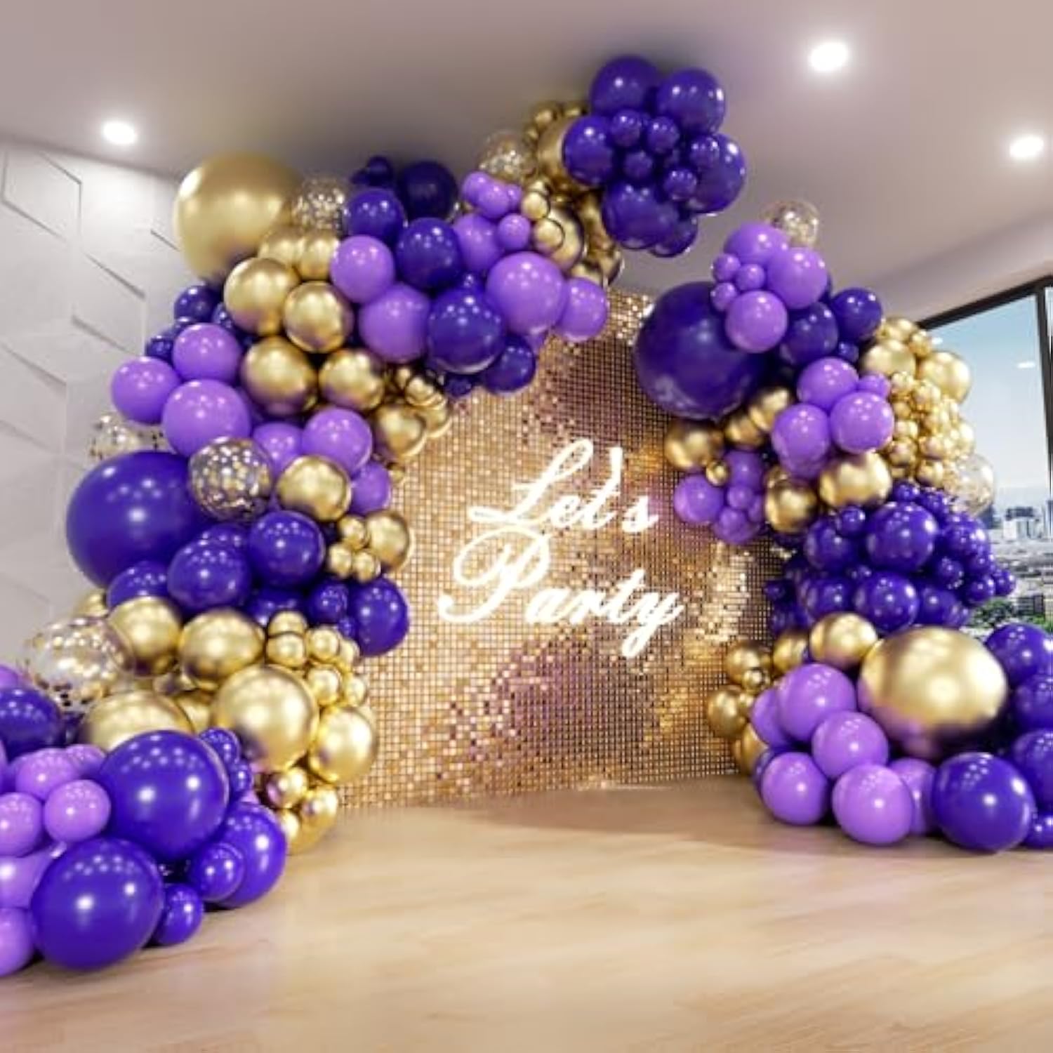 132pcs Purple Gold Balloon Garland Kit with Metallic Gold Confetti for Parties
