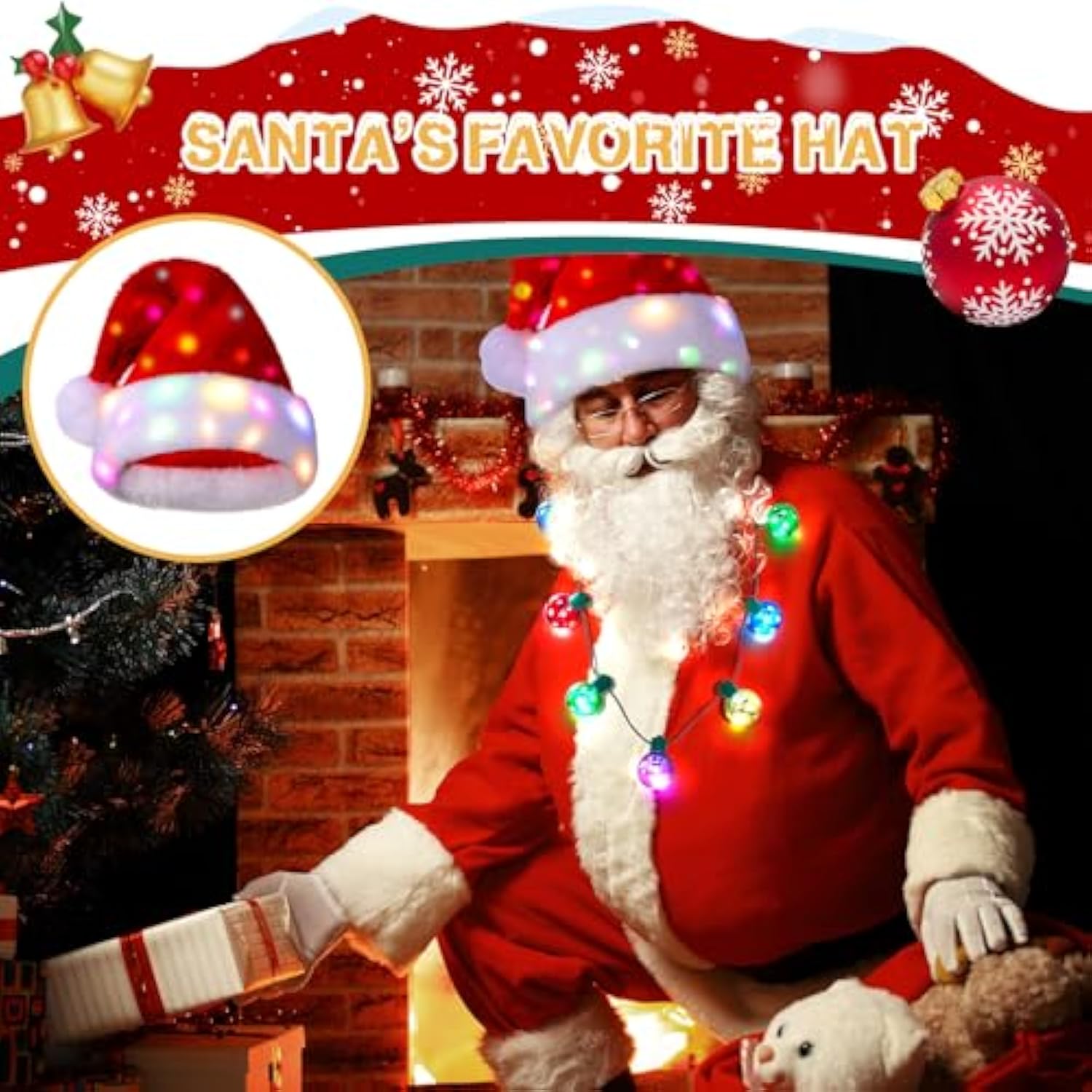 2-Piece LED Santa Hat and Bell Necklace Christmas Costume Set