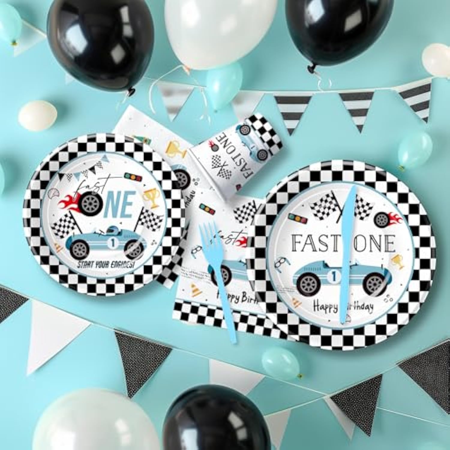 Race Car 1St Birthday Party Supplies - Fast One Plates And Napkins Decorations Boys Tableware, Plate, Cup, Napkin, Fork, Blue Race Car One-Year-Old Decorations | Serve 24