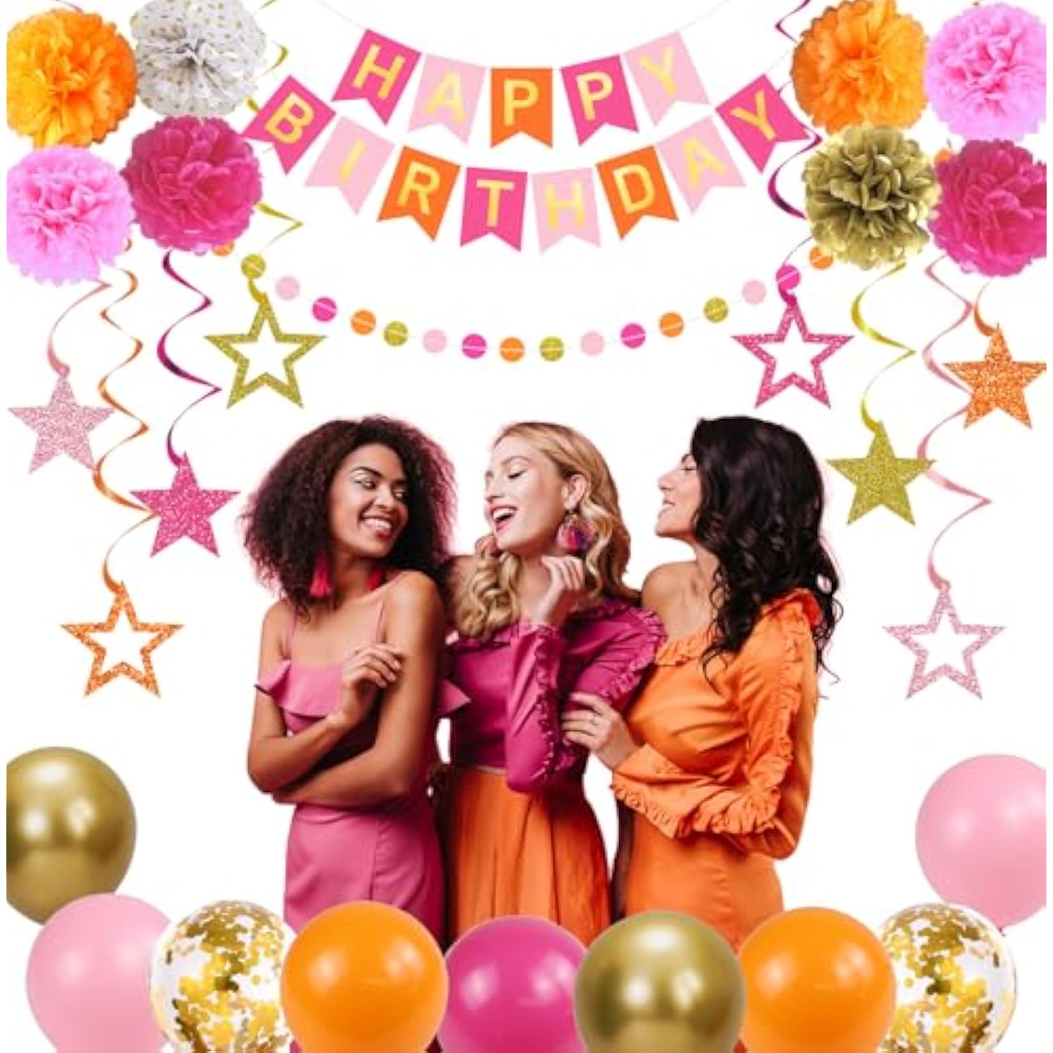 Pink & Orange Birthday Décor Set with Banner, Balloons & Party Accessories