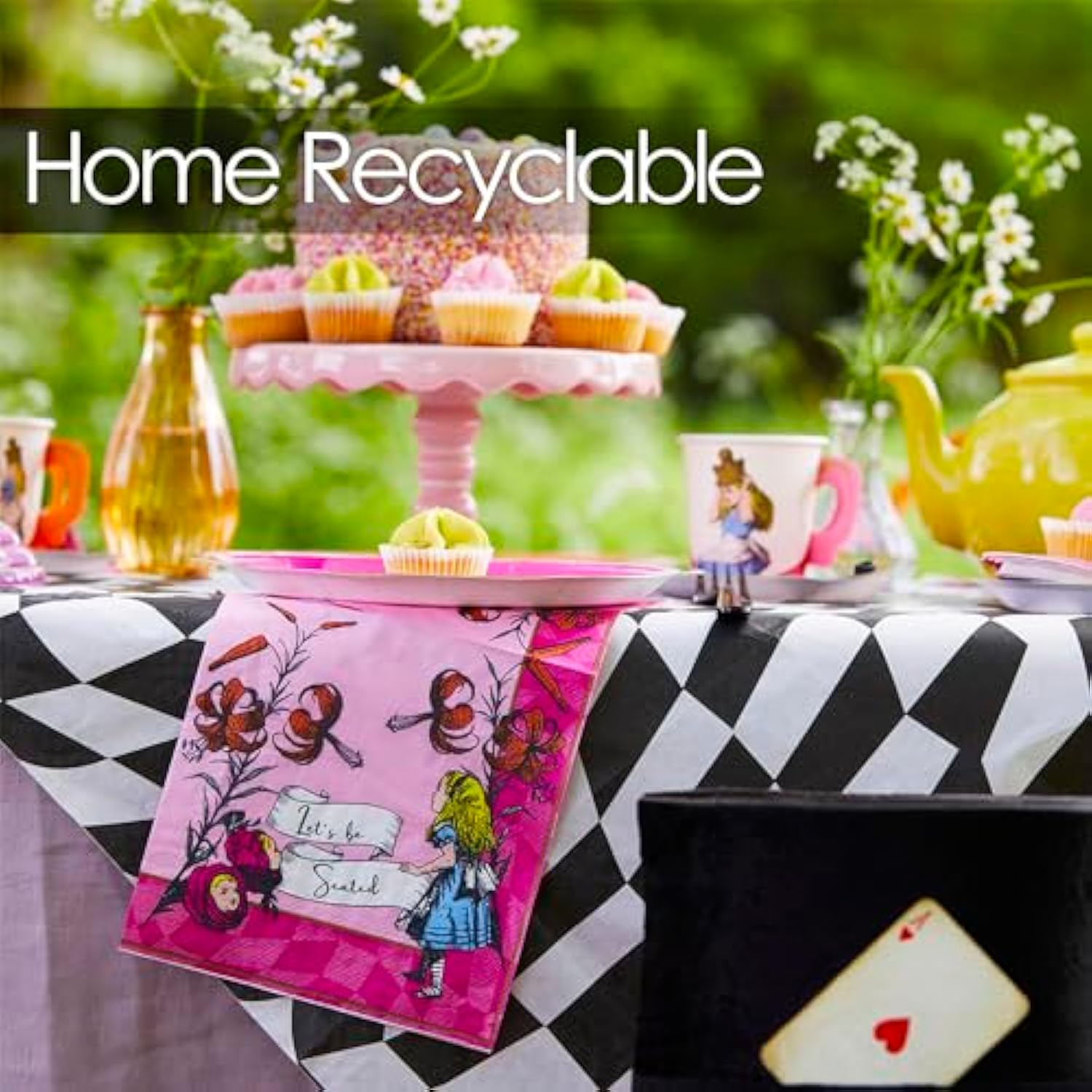 Black & White Alice in Wonderland Table Cover, Disposable for Tea Party & Showers