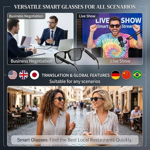 AI Smart Translation Glasses, 164 Language Voice Translator, Open-Ear Bluetooth Glasses with Speakers, Photochromic Lenses, Lightweight 170mAh